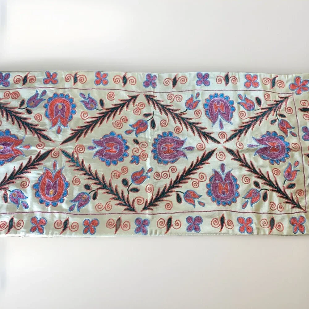 Handmade Embroidered Pillow Cover 3D Bright Floral Vine 17 X 34.5” Boho Cottage